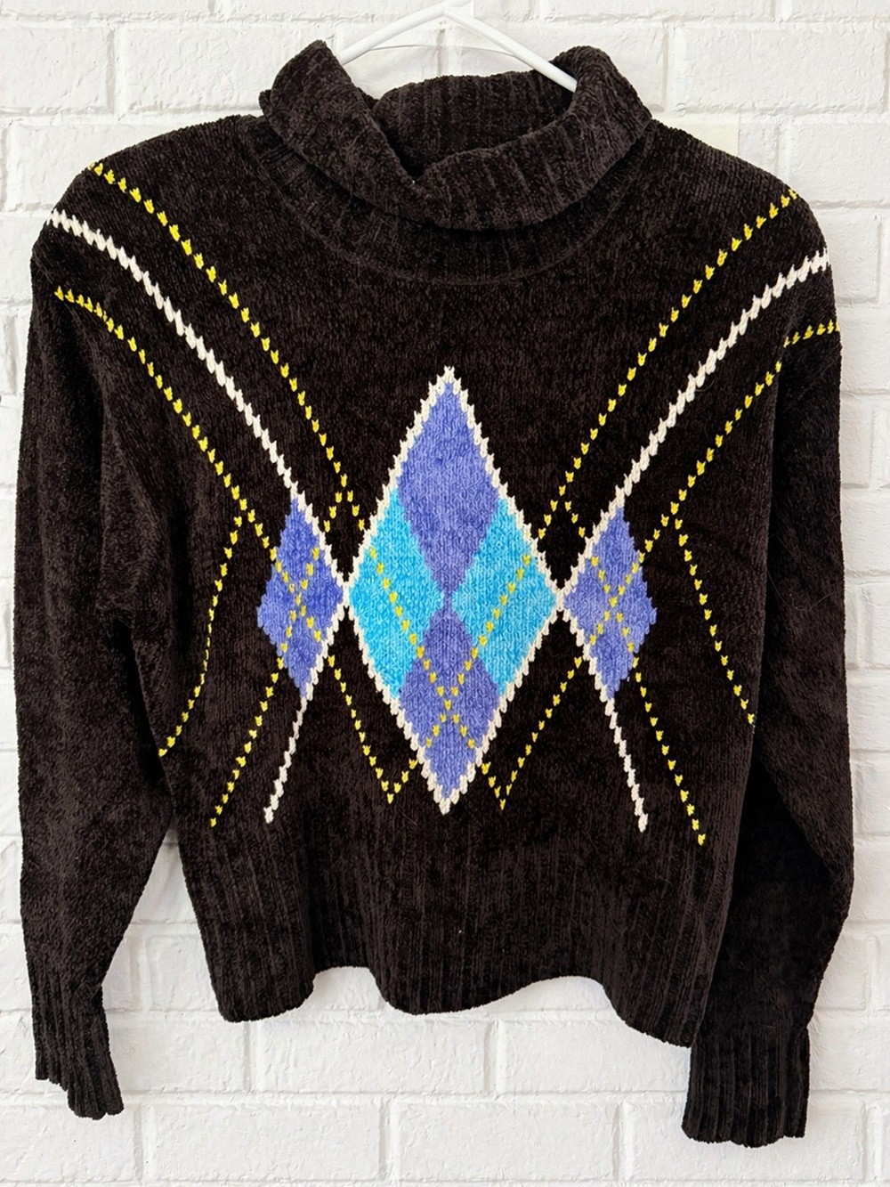 NWT Vintage Lord & Taylor Black Chenille Turtleneck Sweater with Blue Argyle